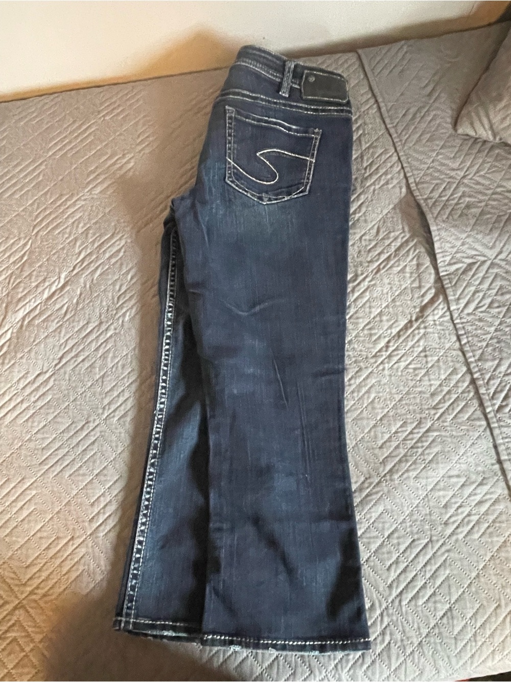 Silver Dark Wash Bootcut Capri Style Jeans with Contrast Stitching